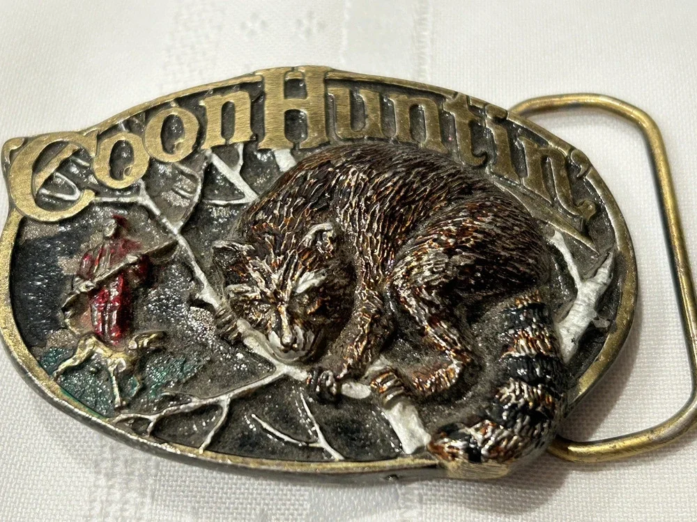 Vintage Coon Hunting Raccoon Belt Buckle Brass The Great American Buckle Co USA